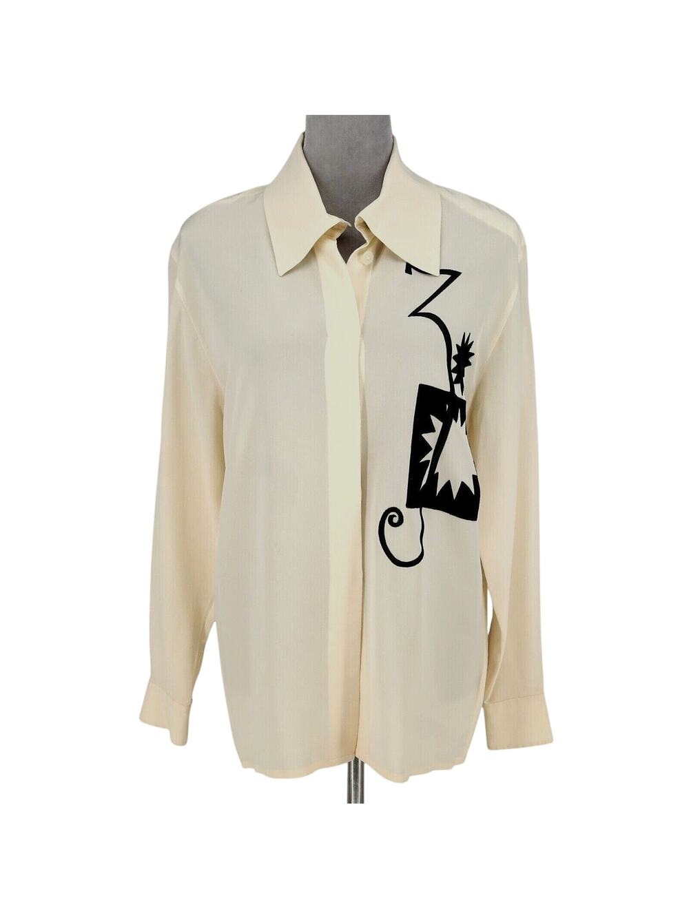 Laurel Escada Top Womens 6 Ivory Silk Blouse Embroidered Shoulder Pads Vintage